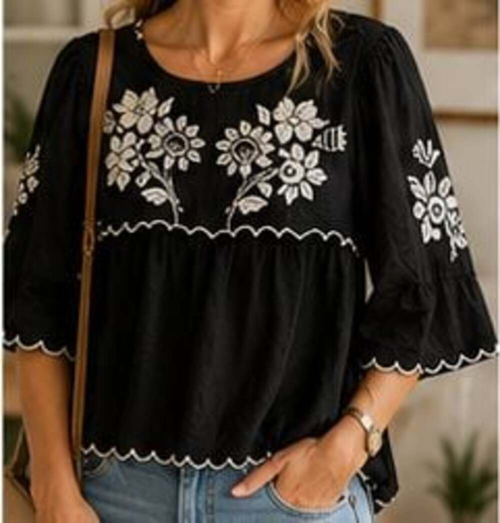 Old Navy Black Embroidered Floral Scallop Trim Babydoll Blouse Top